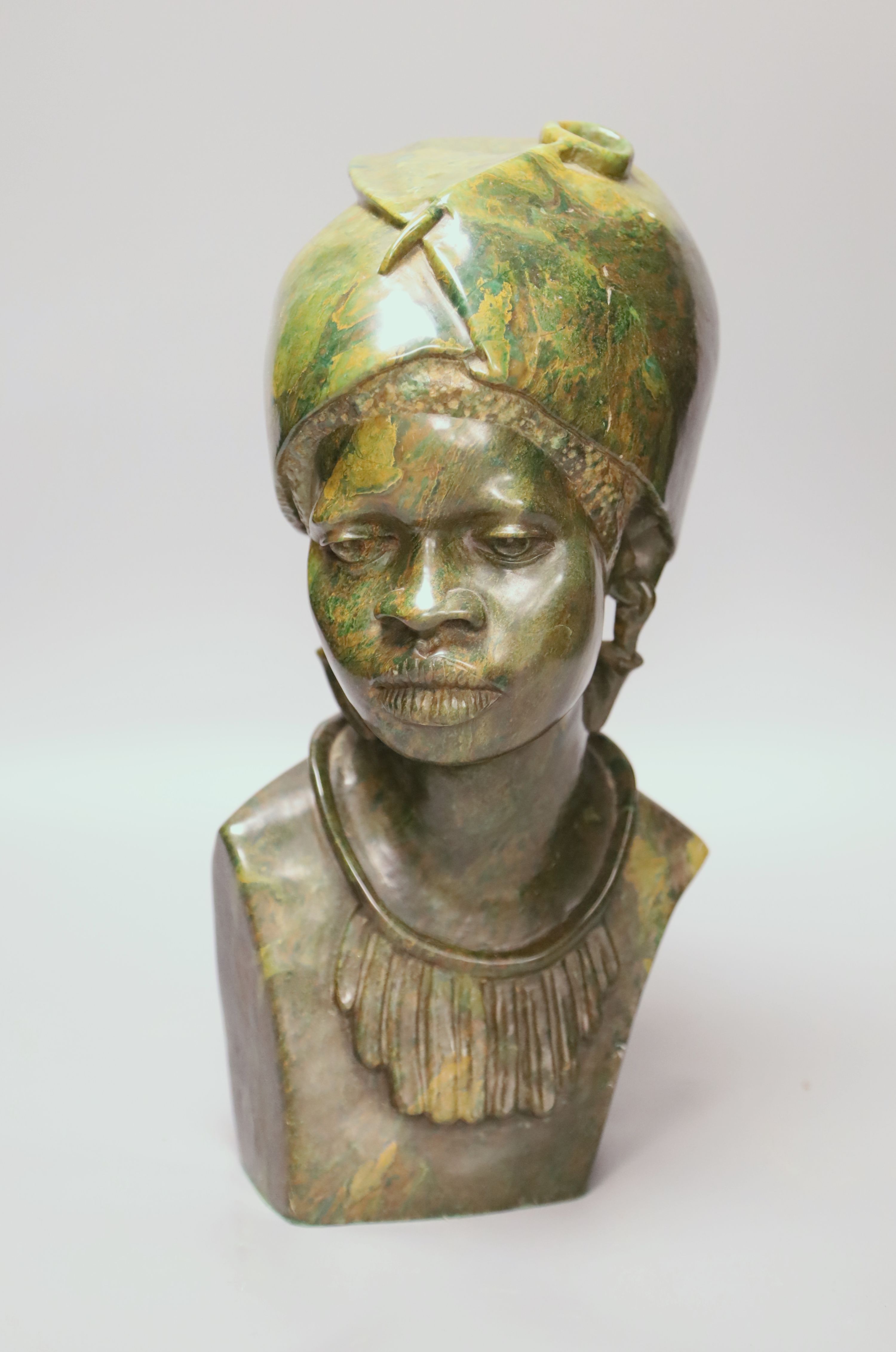 A Shona tribe verdite bust, signed Nicholas Tandi, height 36cm